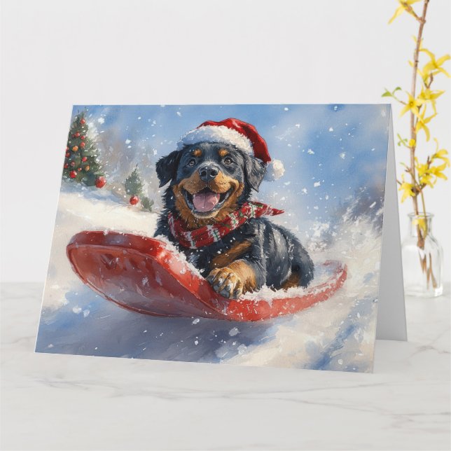 Rottweiler Hund i Släde Låt det Snöa Jul Kort (Gul blomma)