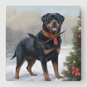 Rottweiler Hund i Snö Jul Fyrkantig Klocka