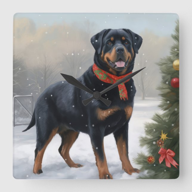 Rottweiler Hund i Snö jul Fyrkantig Klocka (Framsida)