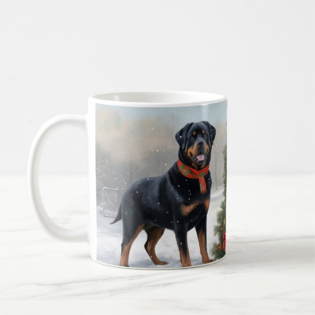 Rottweiler Hund i Snö jul Kaffemugg (Vänster)