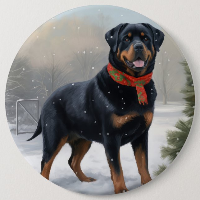Rottweiler Hund i Snö jul Knapp (Framsida)