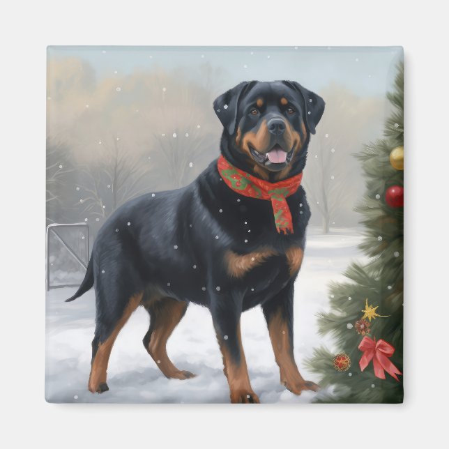 Rottweiler Hund i Snö jul Magnet (Framsidan)