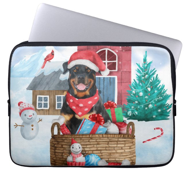 Rottweiler Hund I snö julhus Hund House Laptop Fodral (Framsidan)