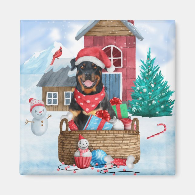 Rottweiler Hund I snö julhus Hund House Magnet (Framsidan)