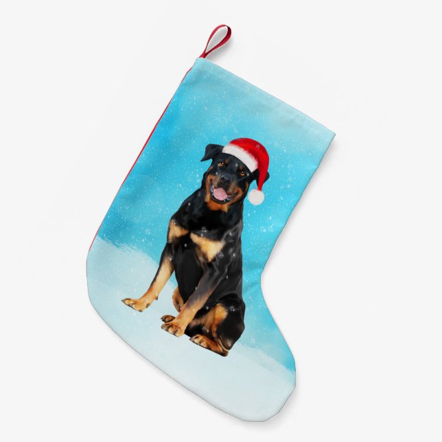 Rottweiler Hund i Snö med Santa Hat Liten Julstrumpa (Framsidan (Hängande))