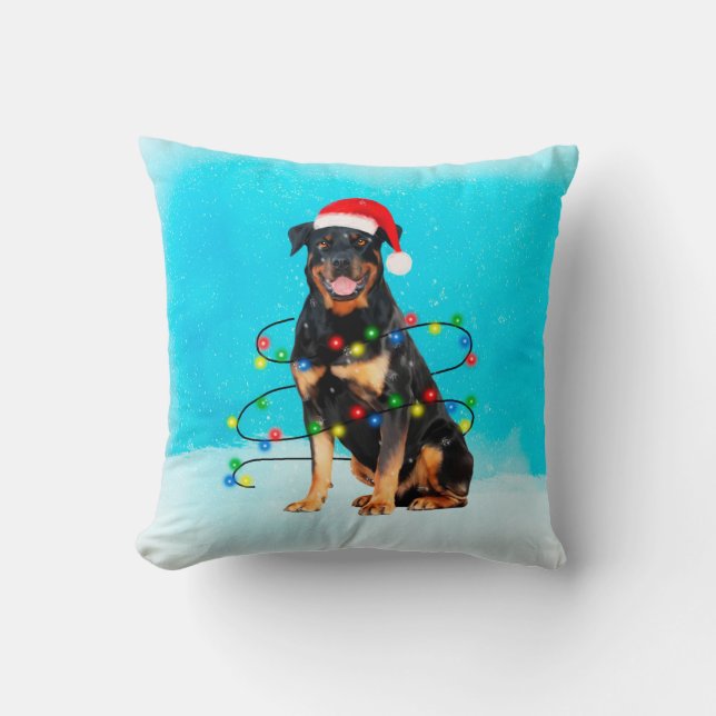 Rottweiler Hund i Snö med Santa Hat Ljus Kudde (Framsida)