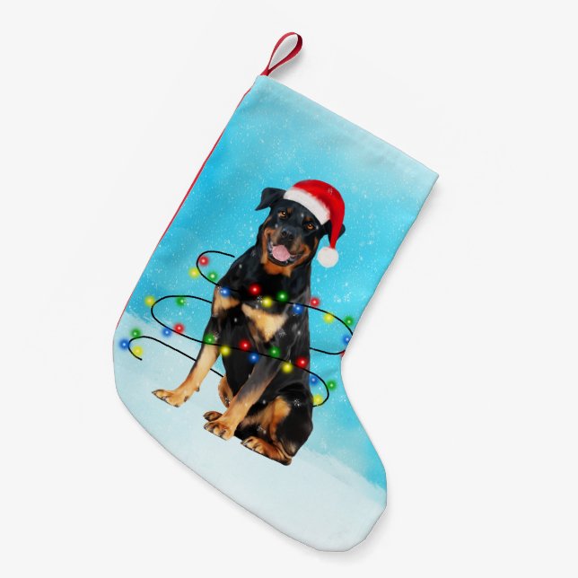 Rottweiler Hund i Snö med Santa Hat Ljus Liten Julstrumpa (Framsidan (Hängande))