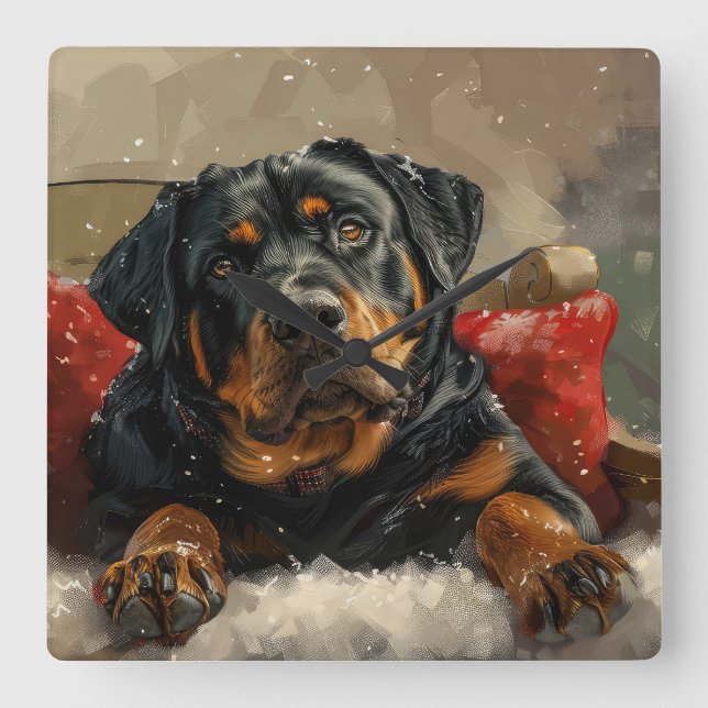 Rottweiler Hund jul Festive Fyrkantig Klocka (Framsida)