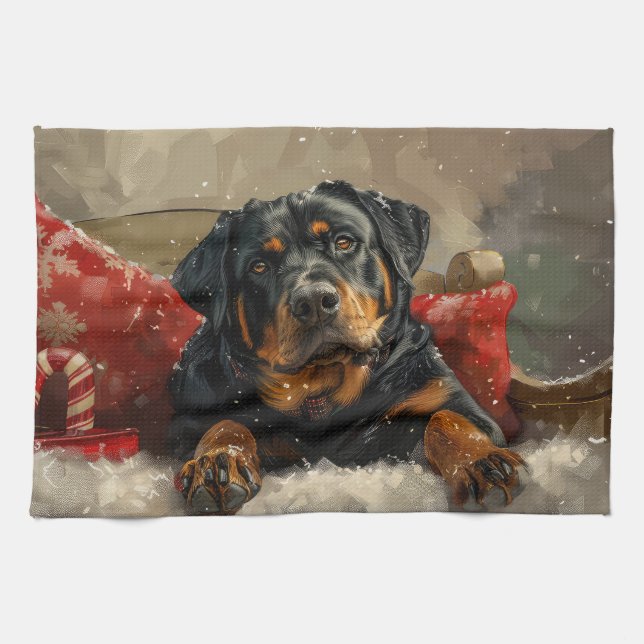 Rottweiler Hund Jul Festlig Kökshandduk (Horisontell)