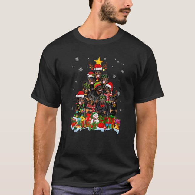 Rottweiler Hund Julgran Ljus Julafton Santa Ha T Shirt (Framsida)