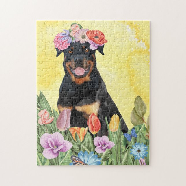 Rottweiler Hund med Flowers Vår Pussel (Vertikal)