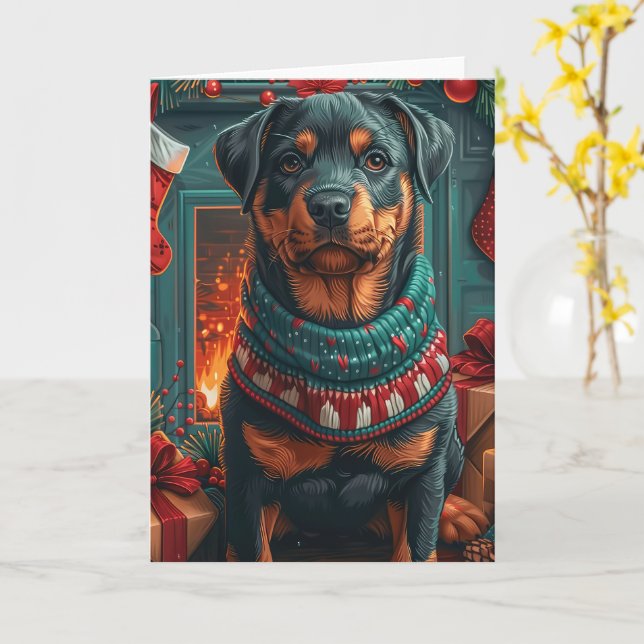 Rottweiler Hund Med Julpresenter Öppen Spis Kort (Gul blomma)