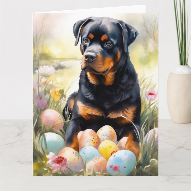 Rottweiler-Hund med Påskägg Helgdag Kort (Framsida)