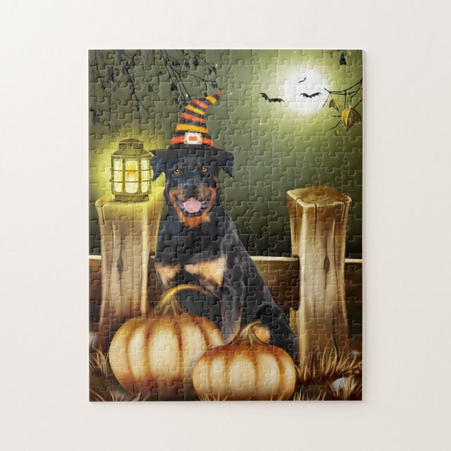 Rottweiler Hund med Witch Hat Halloween Pussel (Vertikal)