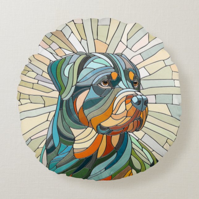 Rottweiler hund - mosaikkonst rund kudde (Framsidan)