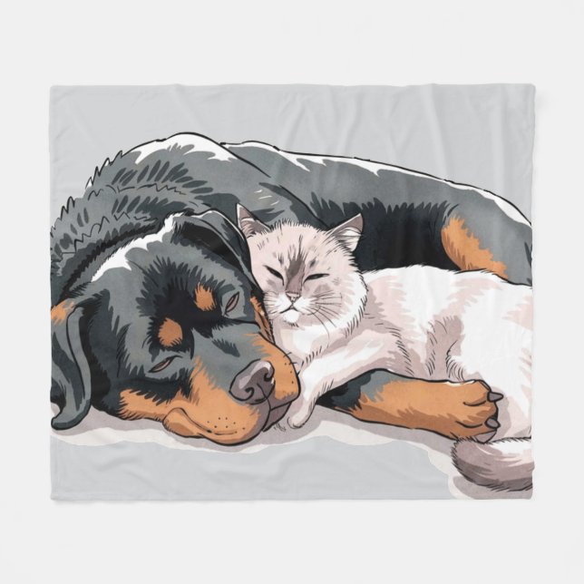 Rottweiler Hund och Cat Fleece Blanket Kärlek Cudd (Framsidan (Horisontell))