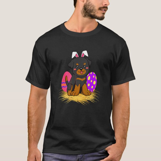 Rottweiler Hund Påsk Helgdag Bunny Öron Färg Egg T Shirt (Framsida)