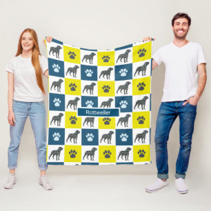 Rottweiler Hund & Paw Print Gult Grid Silhouette Fleecefilt