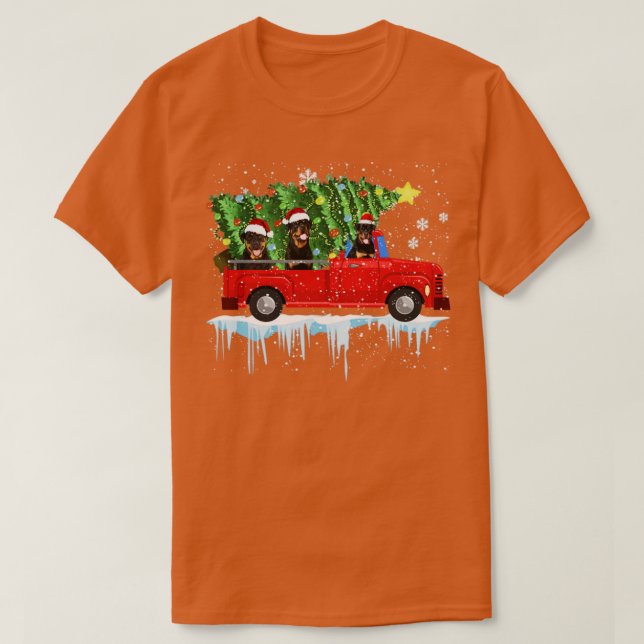 Rottweiler Hund Red Car Lastbil Julgran Merry T Shirt (Design framsida)