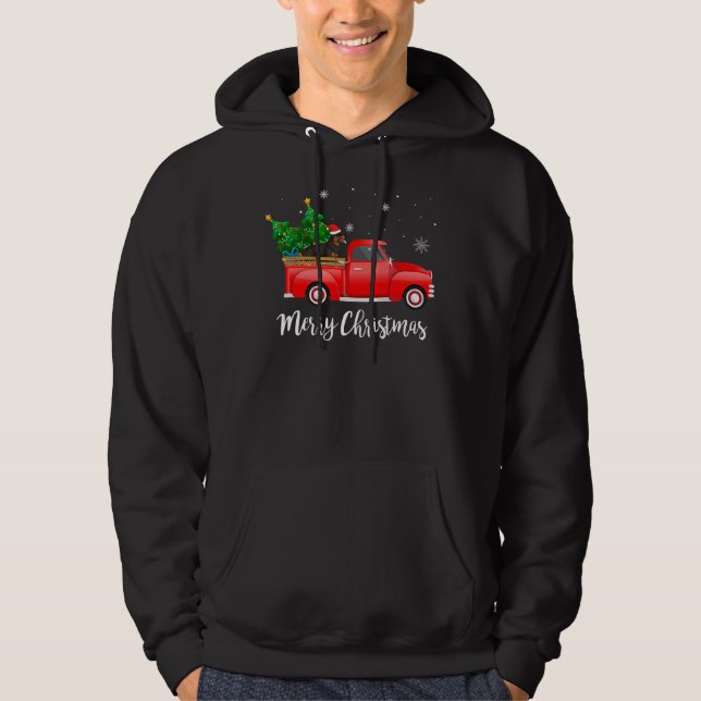 Rottweiler Hund Riding Red Lastbil jul Hoodie (Framsida)