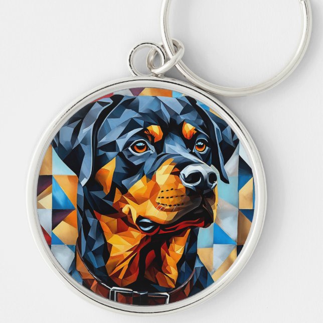 Rottweiler Hund Rund Silverfärgad Nyckelring (Framsidan)
