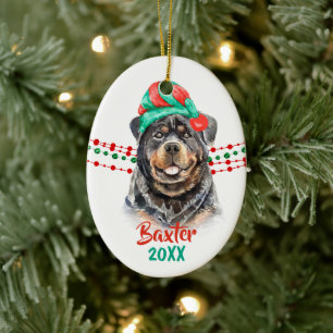 Rottweiler Hund Santa Hat Helgdag String Pärlor Julgransprydnad Keramik
