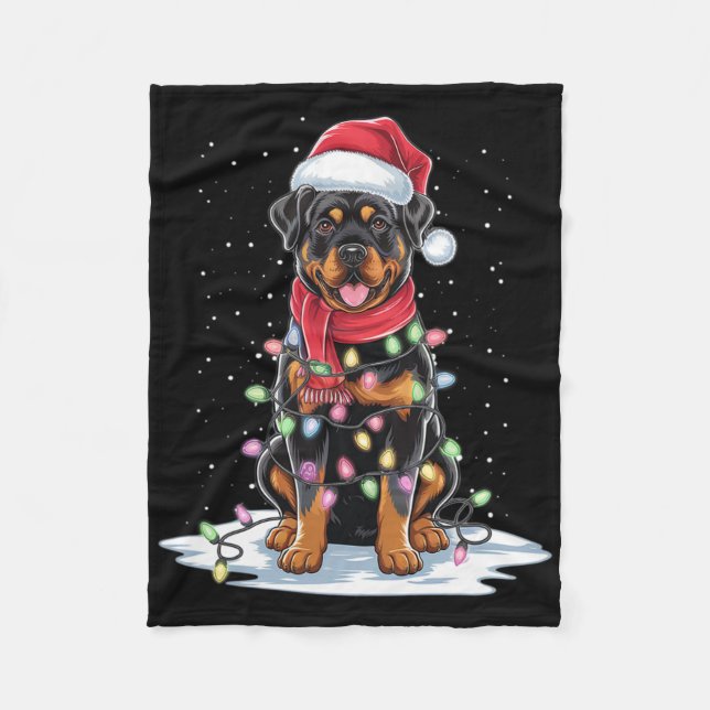 Rottweiler Hund Santa Hat Julgran Light Julafton Fleecefilt (Framsidan)