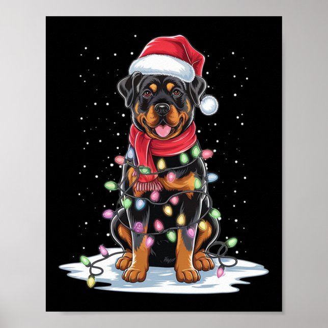 Rottweiler Hund Santa Hat Julgran Light Julafton Poster (Framsidan)