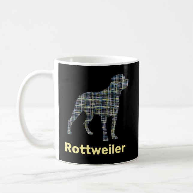 Rottweiler Hund Silhouette Gult & Blue Grid Kaffemugg (Vänster)