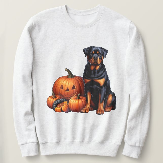 Rottweiler Hund Sitta av Halloween Pumpkins Lång Ärmad Tröja (Design framsida)