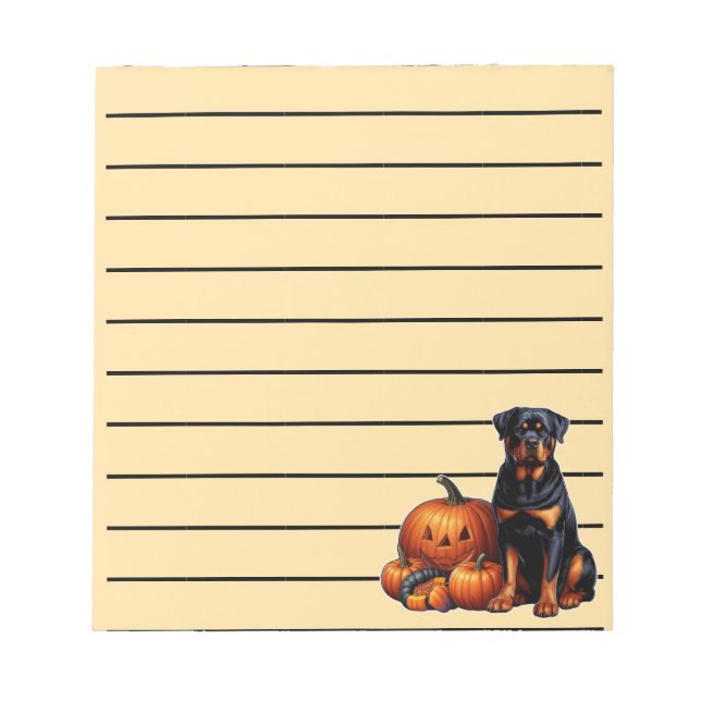 Rottweiler Hund Sitta av Halloween Pumpkins Linted Anteckningsblock (Framsida)