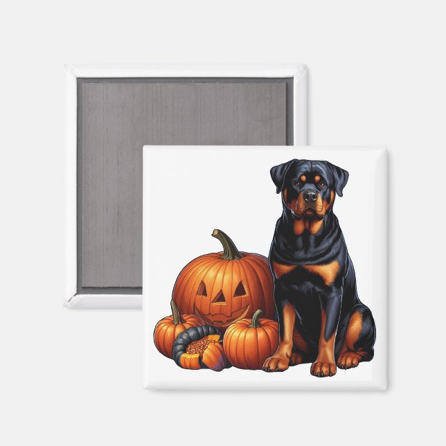 Rottweiler Hund Sitta av Halloween Pumpkins Magnet (Front/Back)