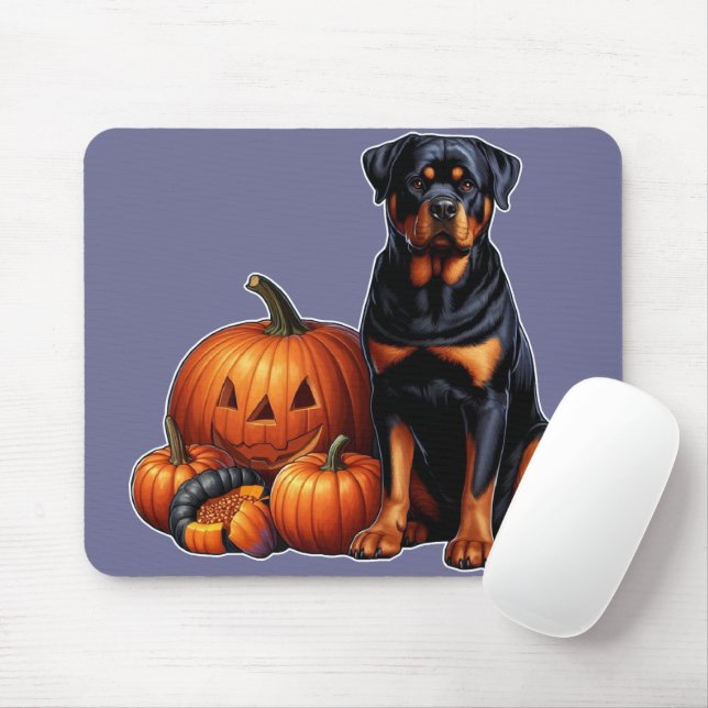 Rottweiler Hund Sitta av Halloween Pumpkins Musmatta (Med mus)