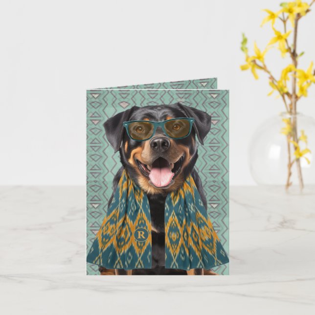 Rottweiler Hund Turkos och Gul Monogram Kort (Gul blomma)