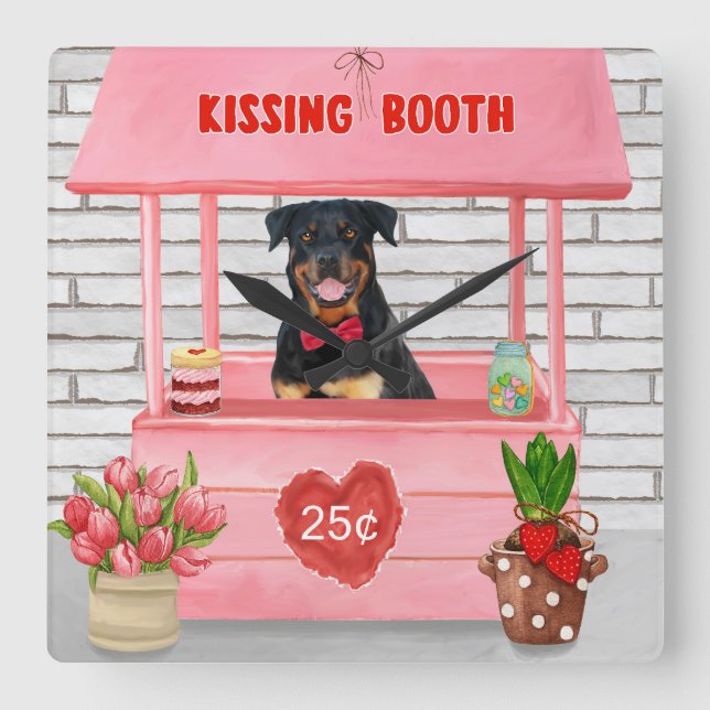 Rottweiler Hund Valentine Day Kissing Booth Fyrkantig Klocka (Framsida)