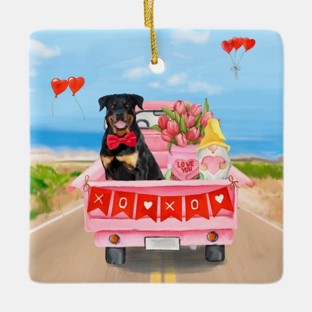 Rottweiler Hund Valentine Day Lastbil Hearts Julgransprydnad Keramik (Framsida)