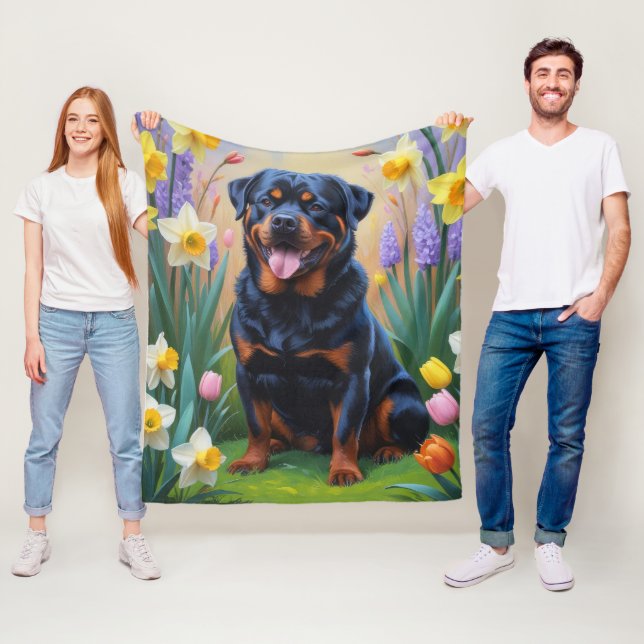 Rottweiler Hund Vår blommor-målning Fleecefilt (På plats)