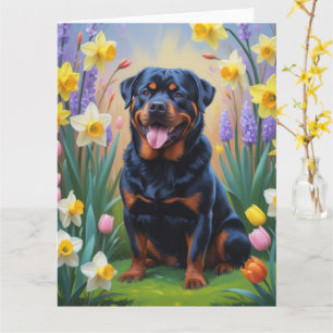 Rottweiler Hund Vårblommor Målning Kort