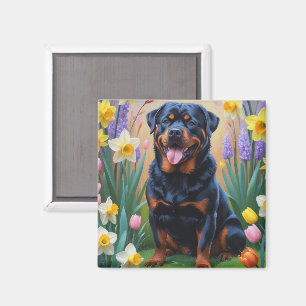 Rottweiler Hund Vårblommor Målning Magnet
