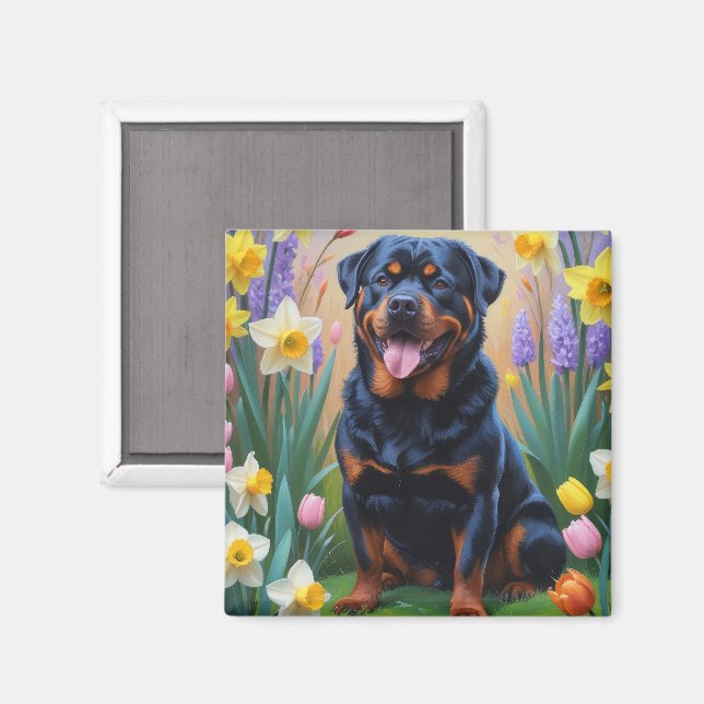 Rottweiler Hund Vårblommor Målning Magnet (Front/Back)