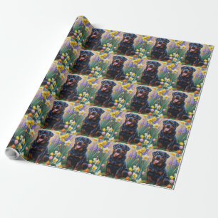 Rottweiler Hund Vårblommor Målning Presentpapper