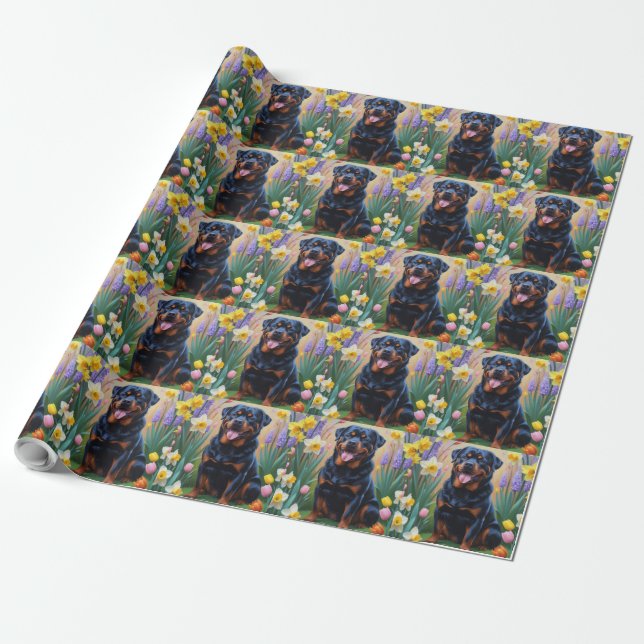 Rottweiler Hund Vårblommor Målning Presentpapper (Utrullad)
