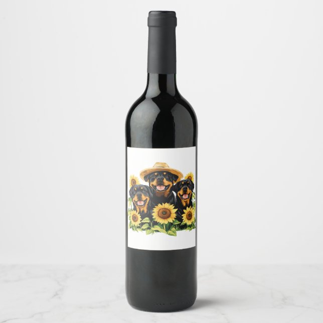 Rottweiler Hundar, omringad av solblommor Vinflaska Etikett (Framsida)