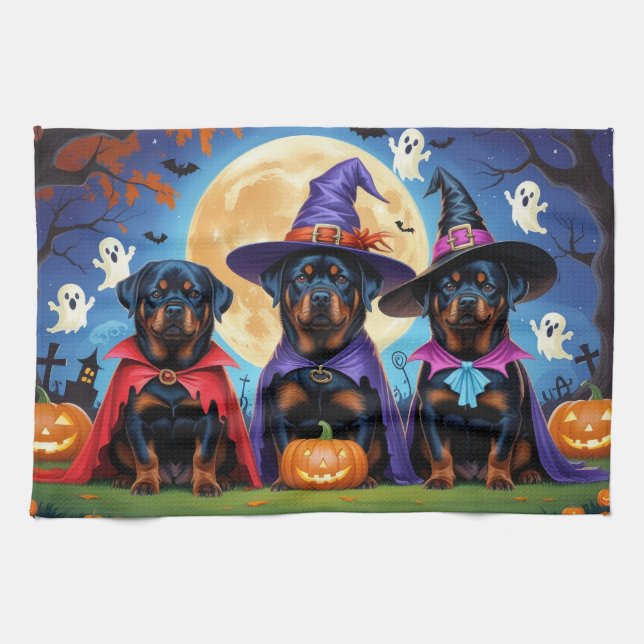 Rottweiler Hundar Pumpkin Halloween Funny Kökshandduk (Horisontell)