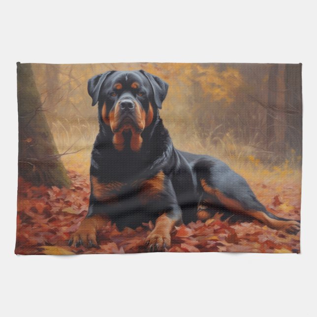 Rottweiler i Höst löv Fall Inspire Kökshandduk (Horisontell)