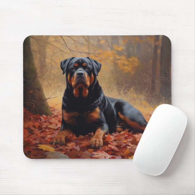 Rottweiler i Höst löv Fall Inspire Musmatta (Med mus)