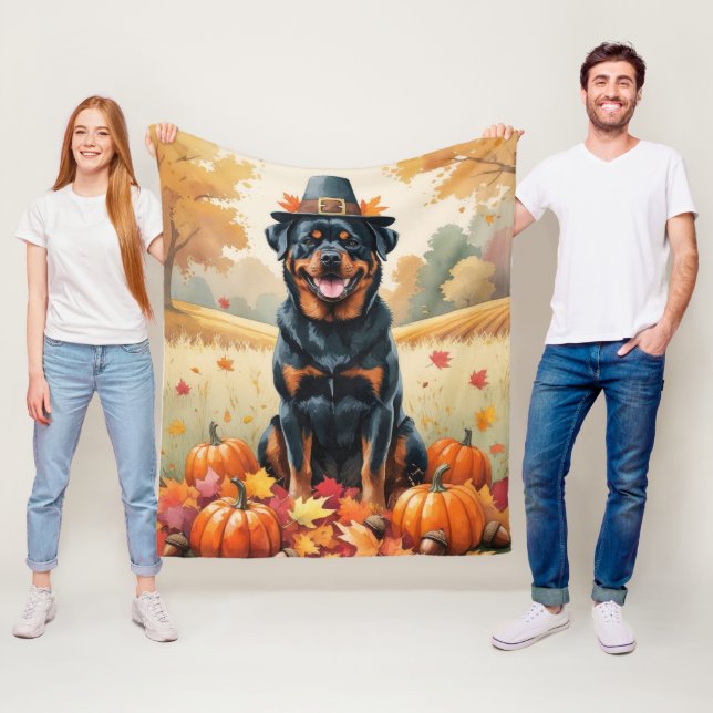 Rottweiler i Höst löv Thanksgiving Art Fleecefilt (På plats)