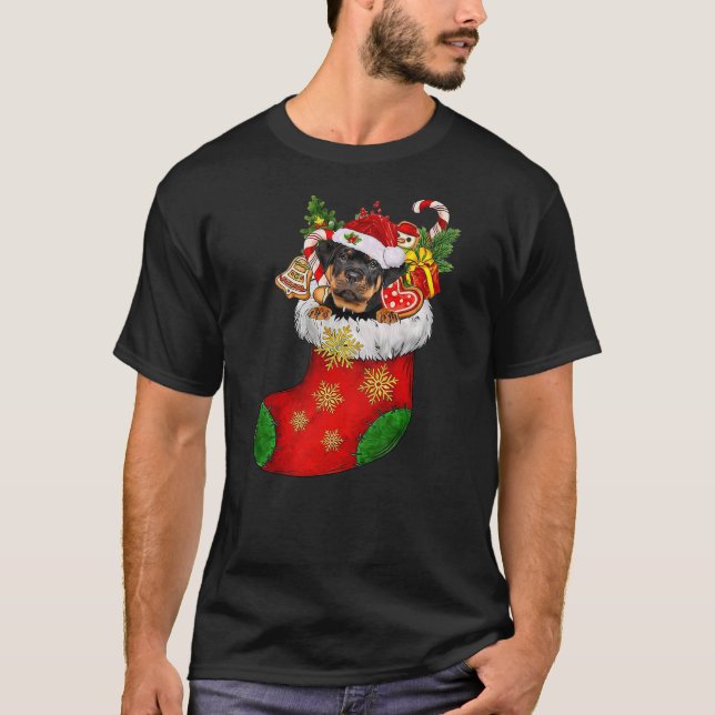 Rottweiler In Sock Christmas Santa Hat Xmas Dog Lo T Shirt (Framsida)