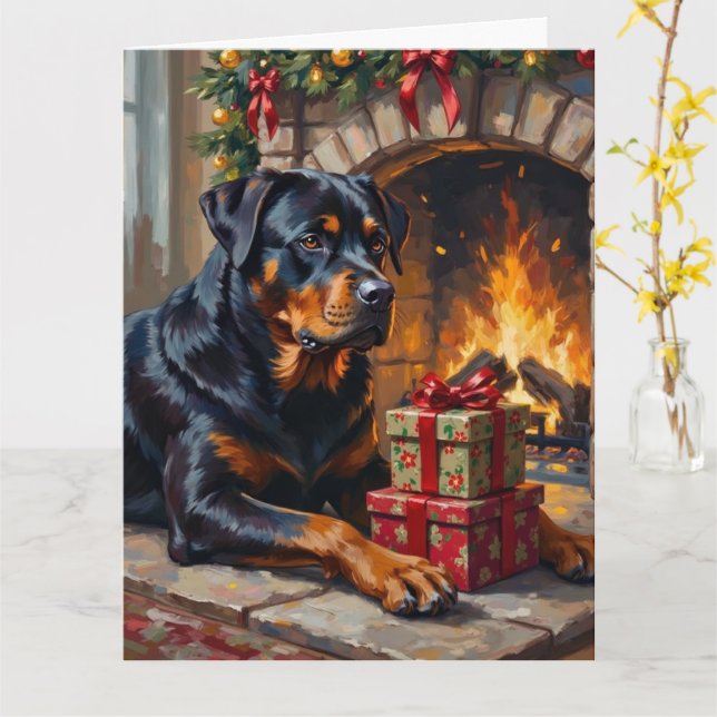 Rottweiler Jul Eldstad Vakt Kort (Gul blomma)