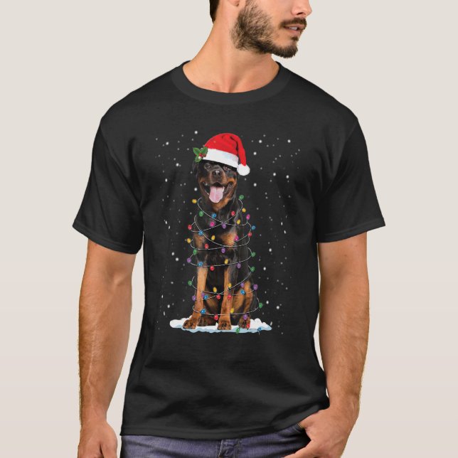 Rottweiler jul Ljus och Santa Hat Julafton Hund T Shirt (Framsida)